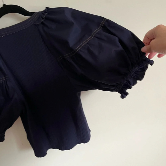 Sofie The Label Blue Exaggerated Puff Sleeve Cropped Button Up Blouse Sz  L EUC - Picture 7 of 16